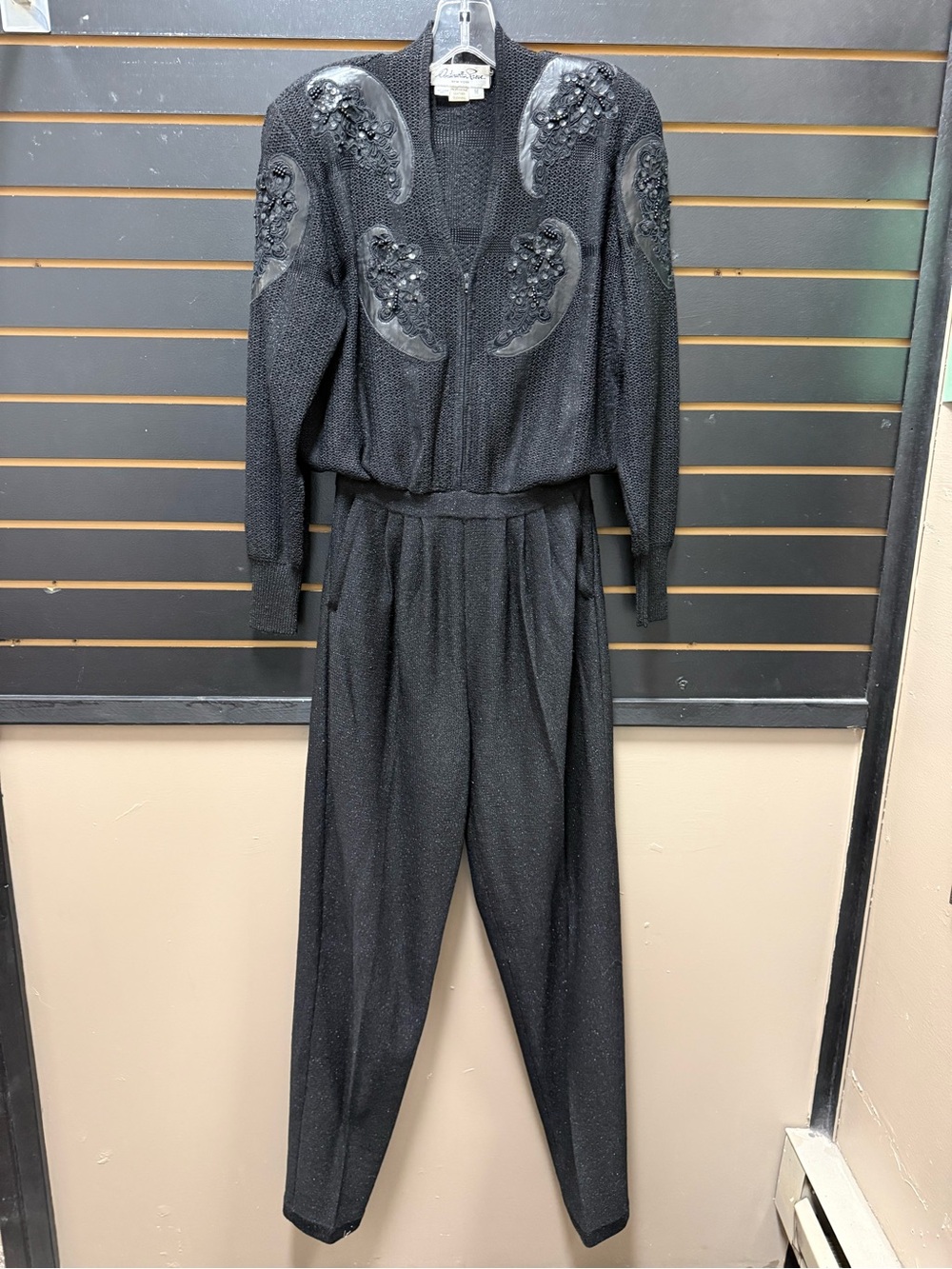 Vintage Antonella Preve New York Black Knit Jumpsuit Leather Beaded Sequin M